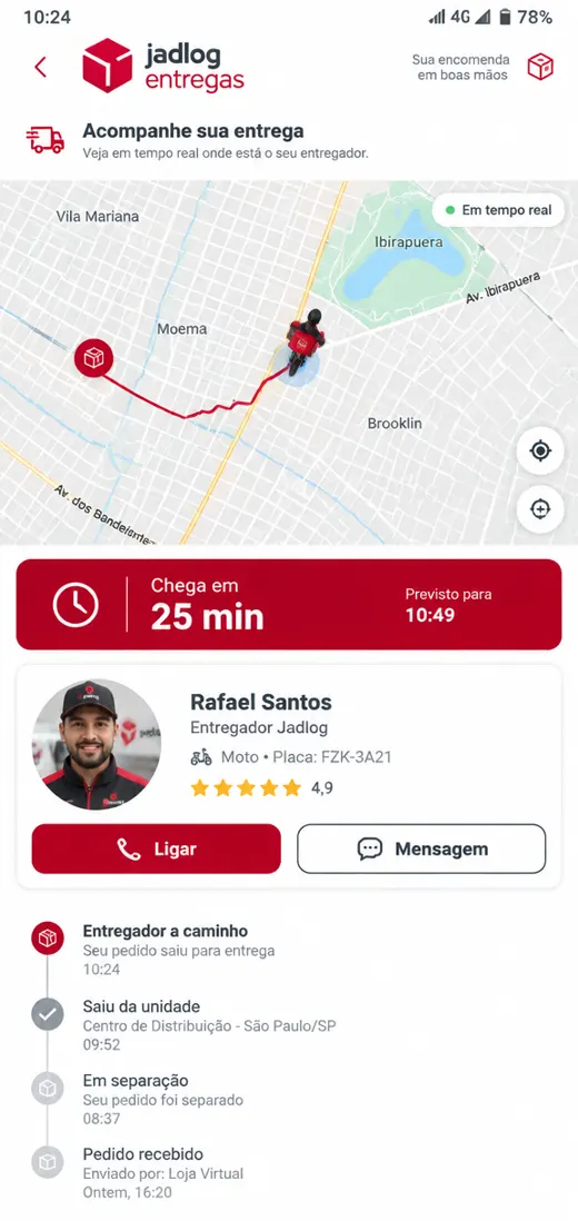Acompanhamento ao vivo do entregador no aplicativo Jadlog Entregas